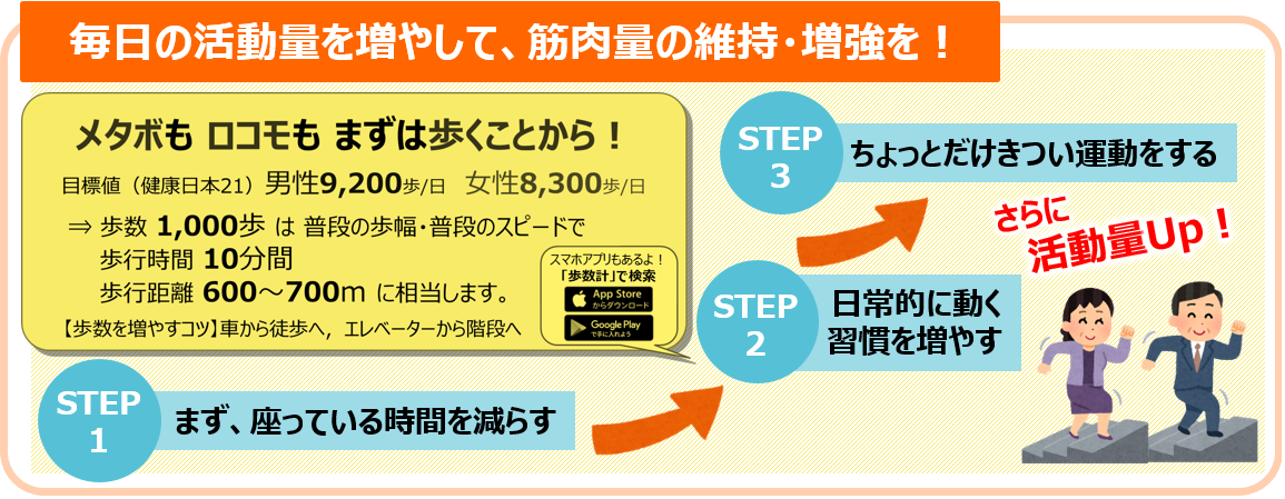 毎日の活動量を増やして、筋肉量の維持・増強を!